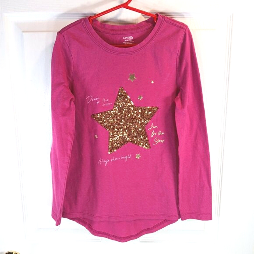 NWOT George Girls Fuschia Pink Gold Sequin Star Graphic Tee Long Sleeve Size M